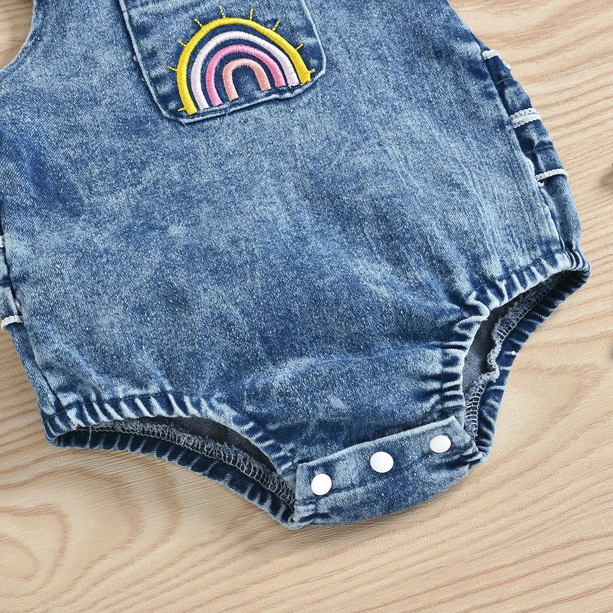 Baby Girl Denim Rainbow Printing Romper Apron Headscarf Two-piece Set