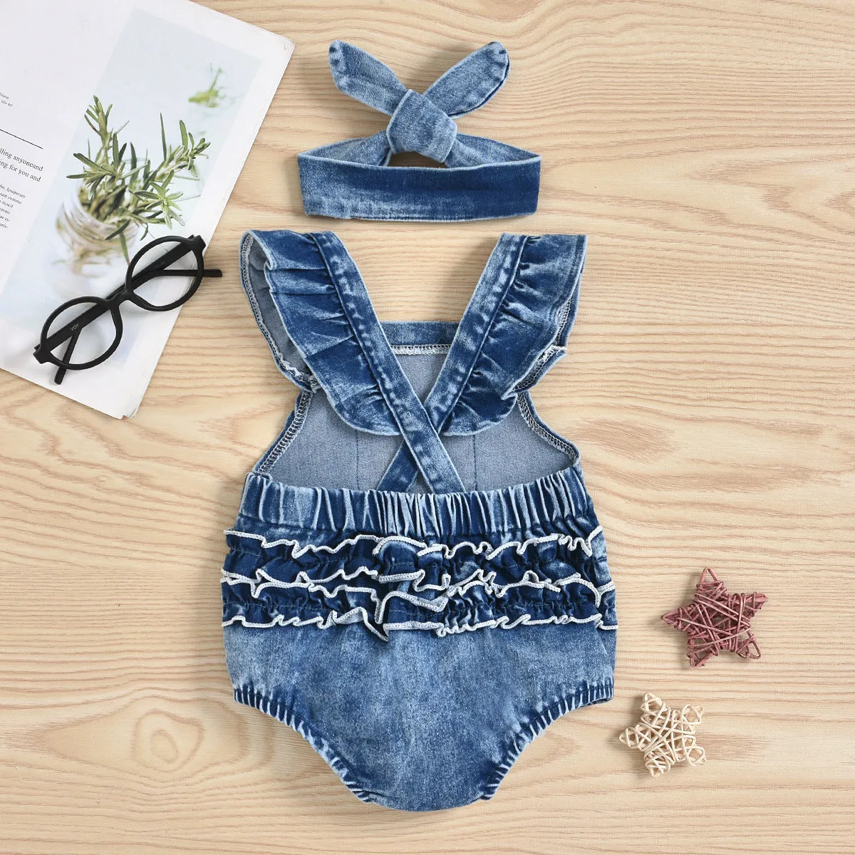 Baby Girl Denim Rainbow Printing Romper Apron Headscarf Two-piece Set