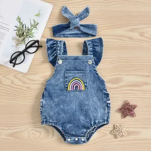 Baby Girl Denim Rainbow Printing Romper Apron Headscarf Two-piece Set