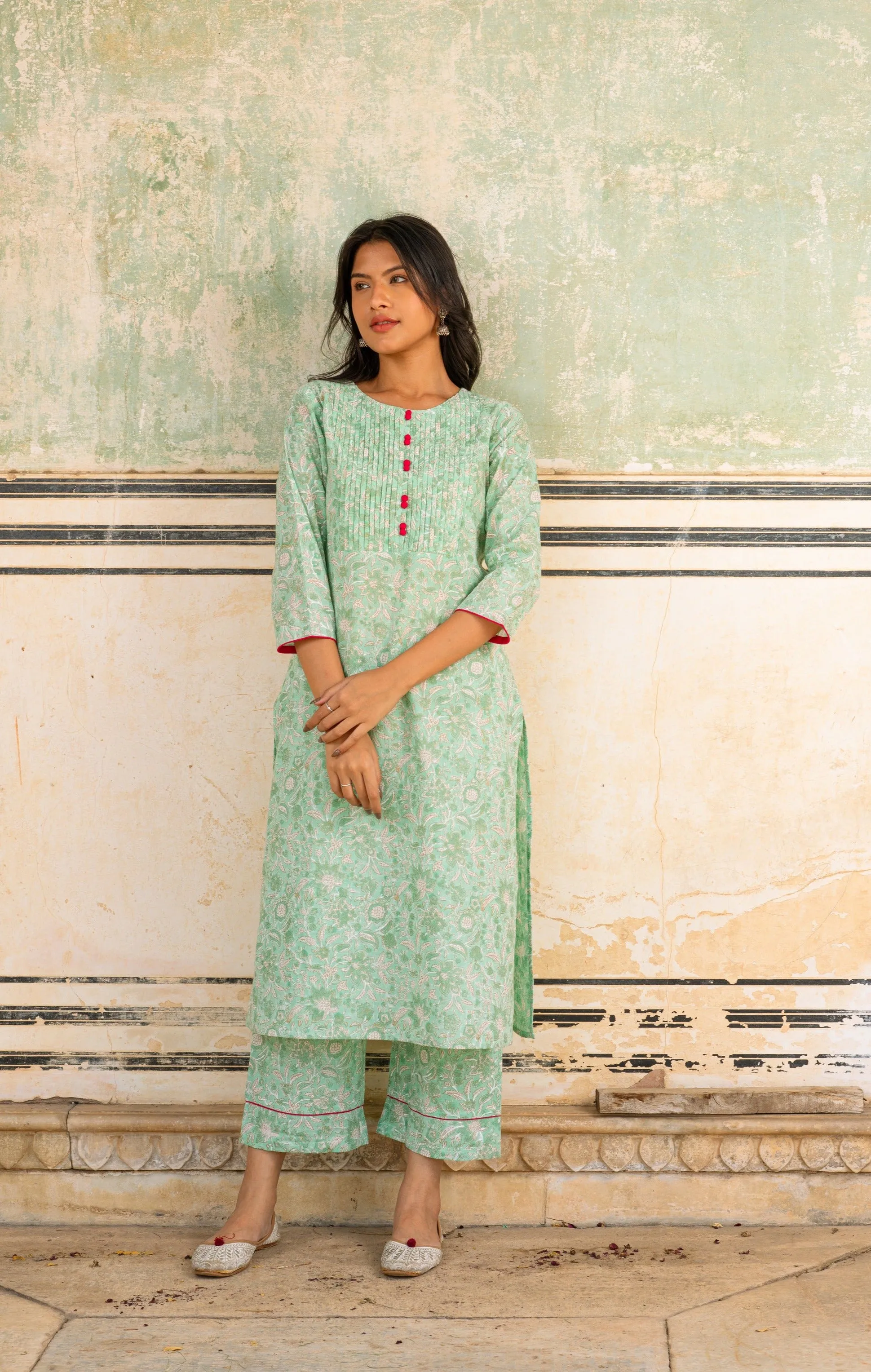 Bahaar Green Slub Cotton Kurta Set