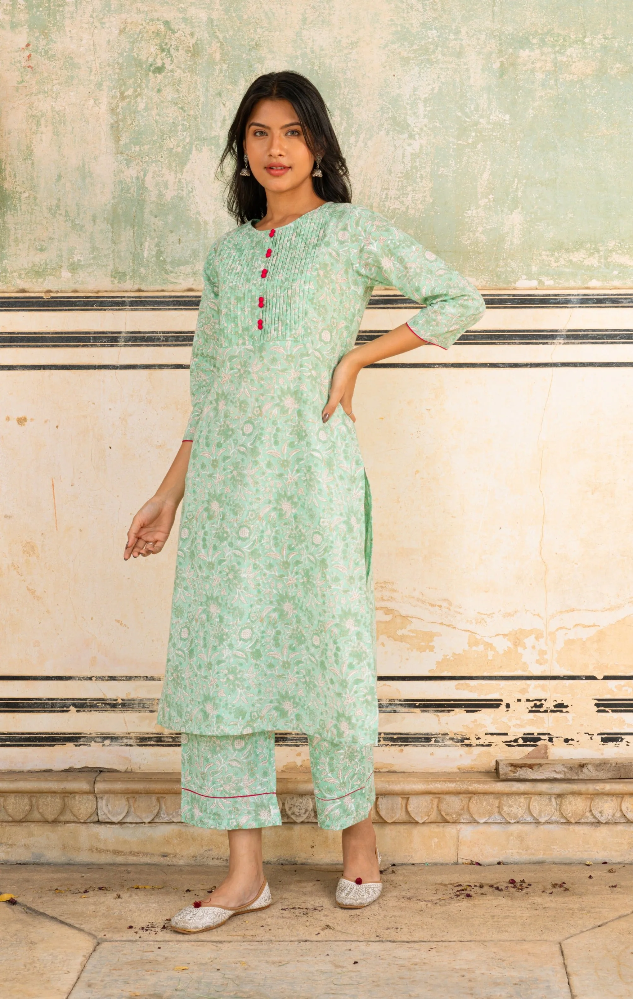 Bahaar Green Slub Cotton Kurta Set