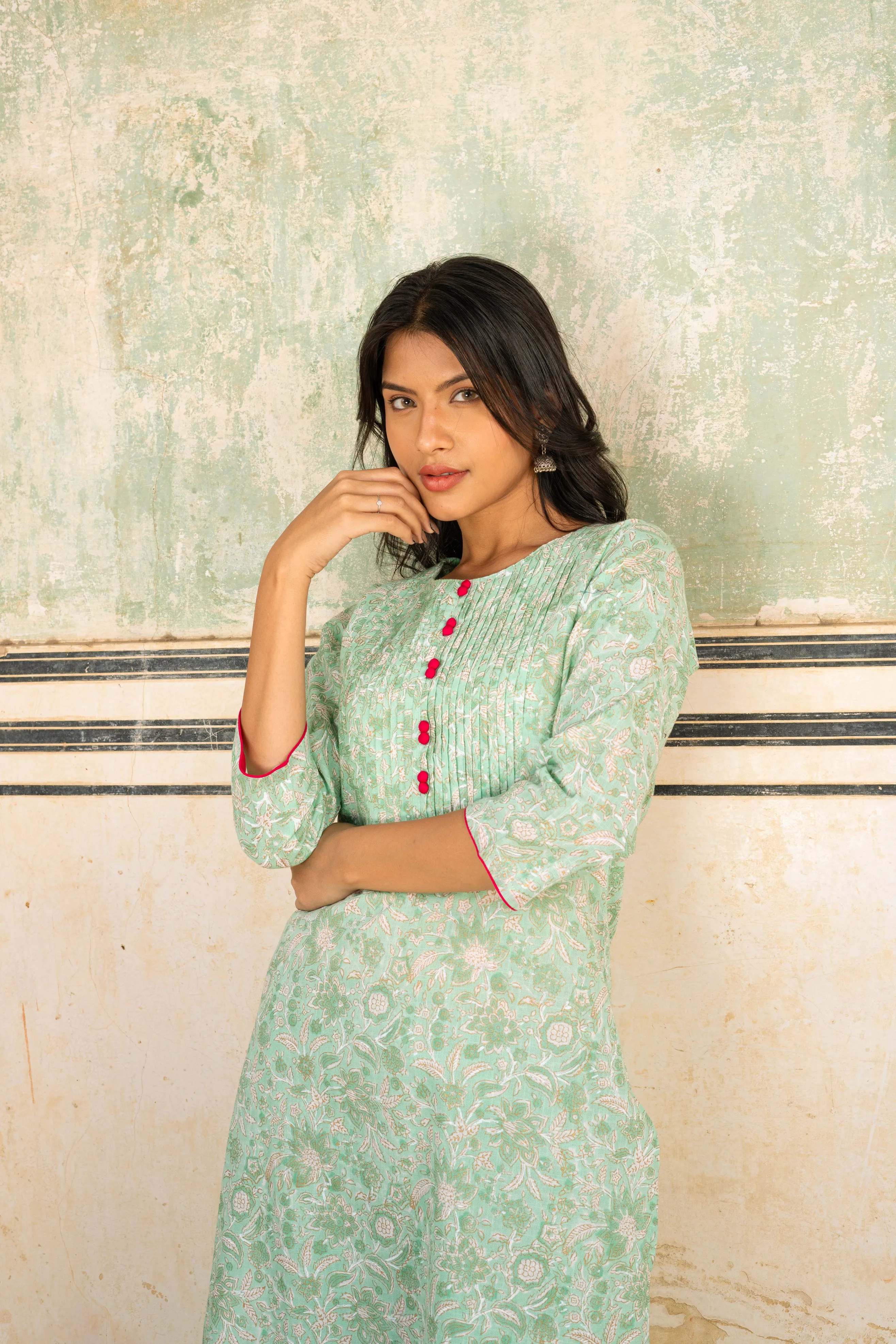 Bahaar Green Slub Cotton Kurta Set