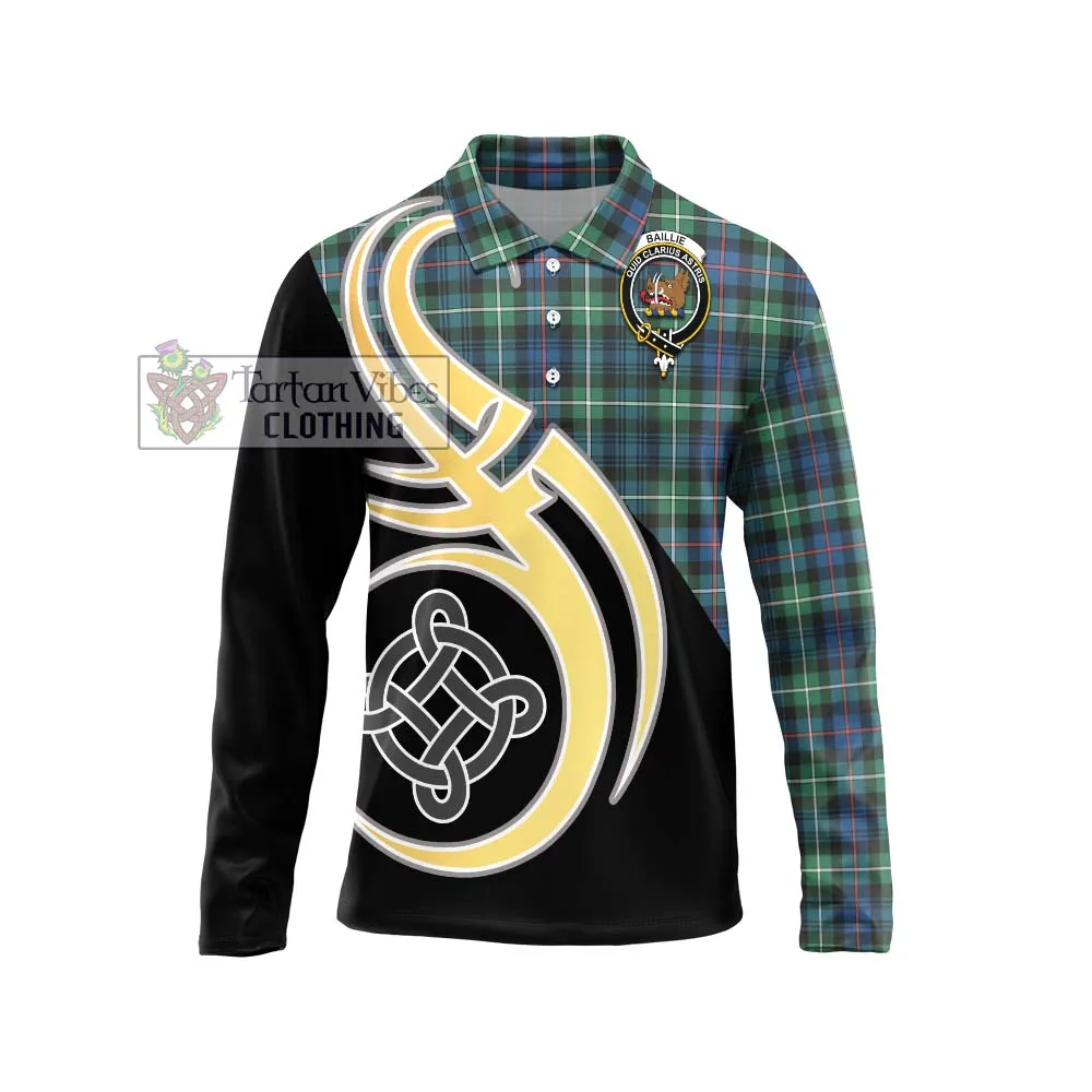 Baillie Ancient Tartan Long Sleeve Polo Shirt with Family Crest and Celtic Symbol Style