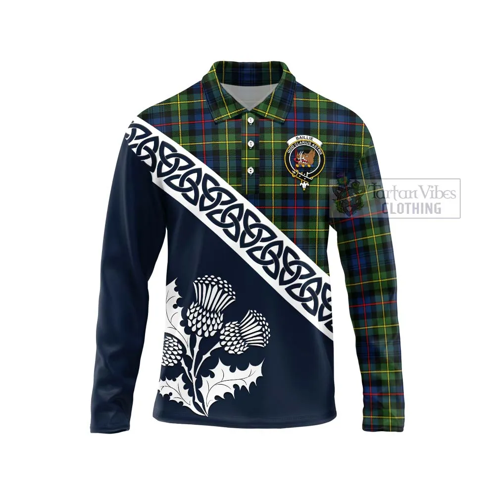 Baillie (Bailey) Tartan Long Sleeve Polo Shirt Featuring Thistle and Scotland Map