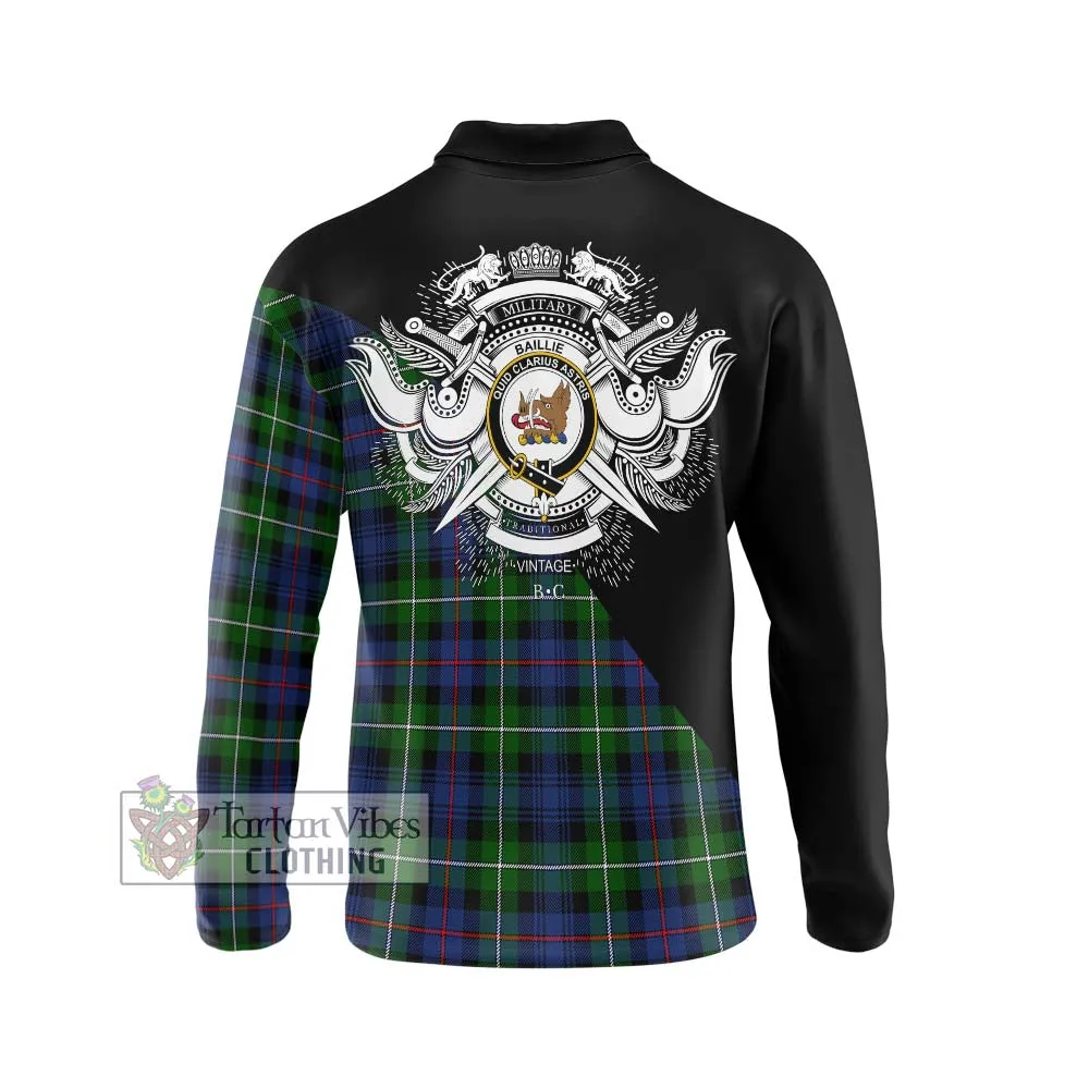 Baillie Tartan Long Sleeve Polo Shirt with Family Crest and Military Logo Style