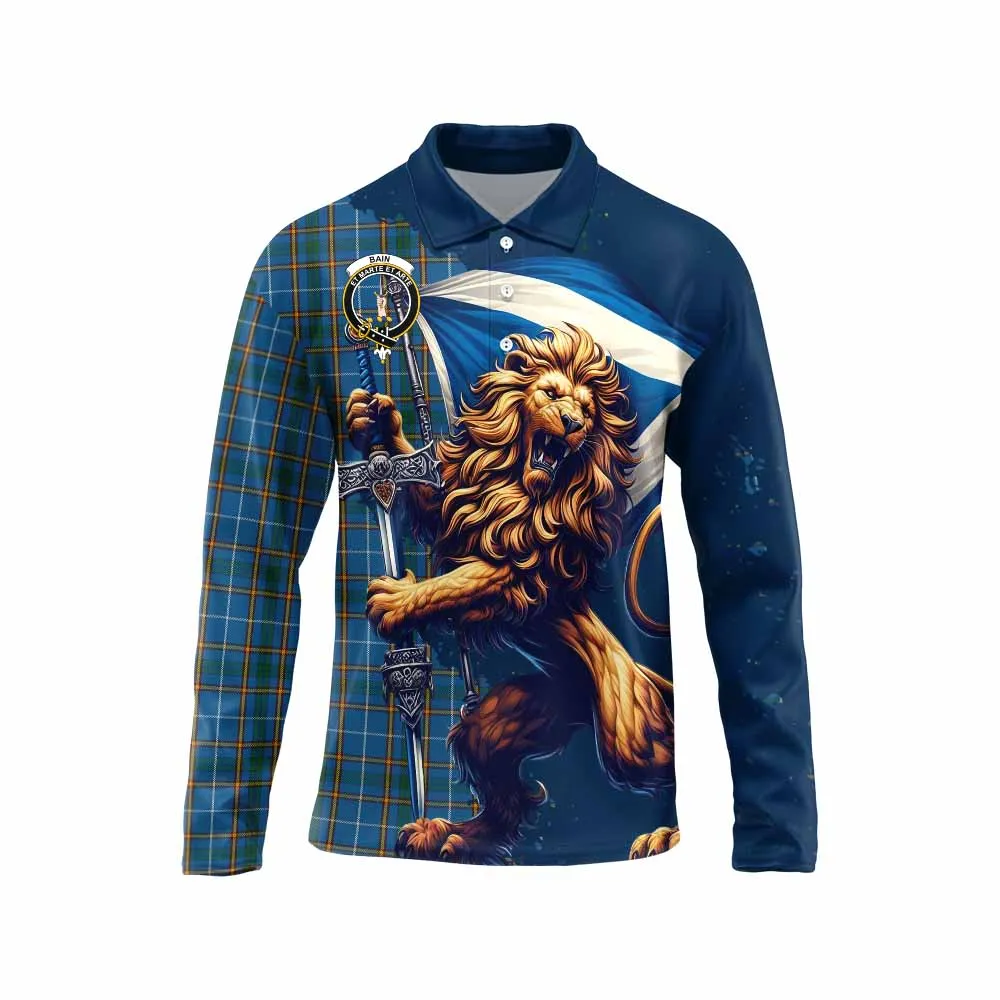 Bain Tartan Family Crest Long Sleeve Polo Shirt with Scottish Majestic Lion