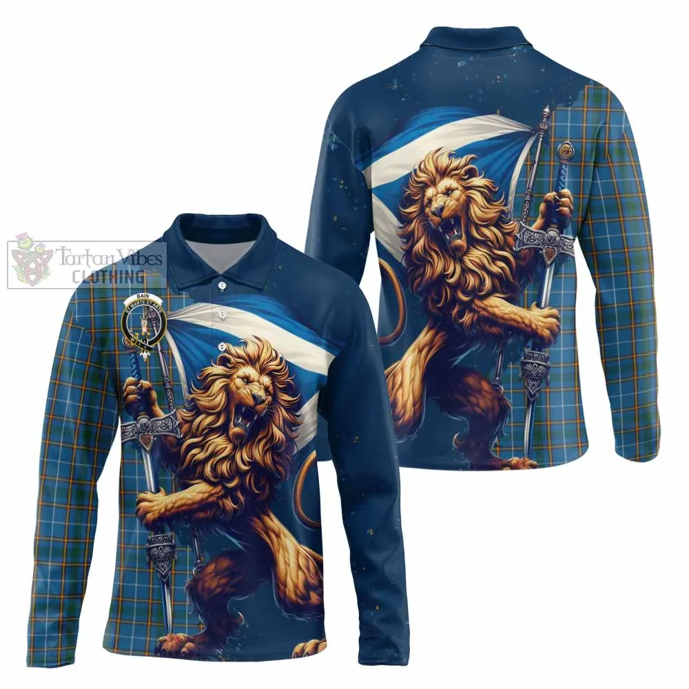 Bain Tartan Family Crest Long Sleeve Polo Shirt with Scottish Majestic Lion