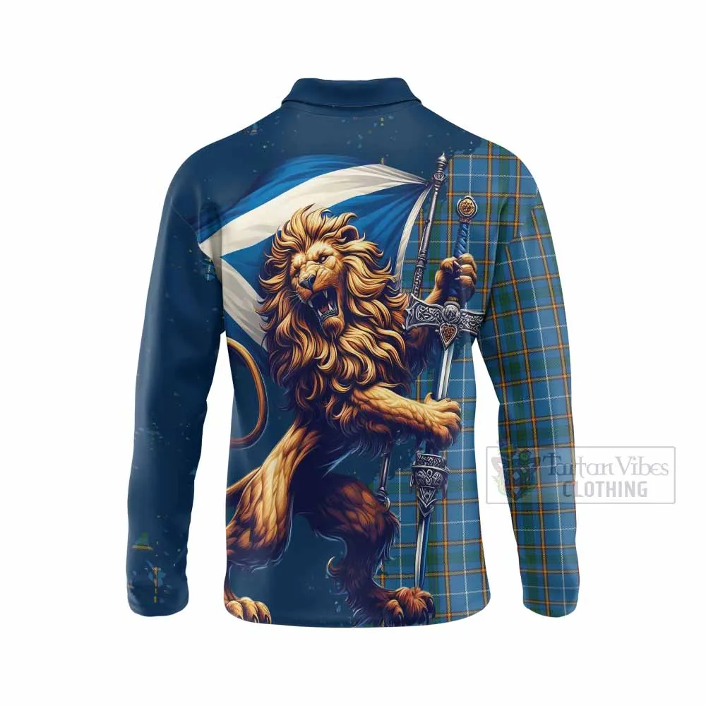 Bain Tartan Family Crest Long Sleeve Polo Shirt with Scottish Majestic Lion