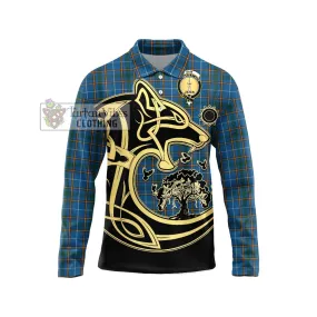 Bain Tartan Long Sleeve Polo Shirt with Family Crest Celtic Wolf Style