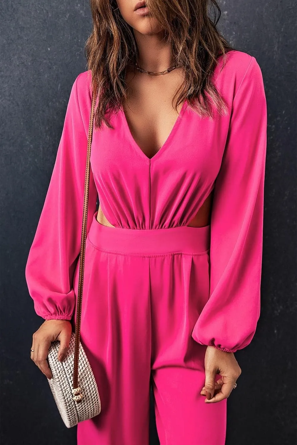 Balloon Sleeve Cutout Plunge Jumpsuit, Hot Pink