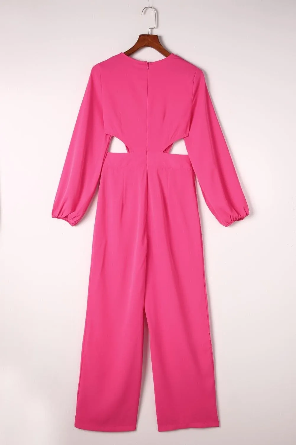 Balloon Sleeve Cutout Plunge Jumpsuit, Hot Pink