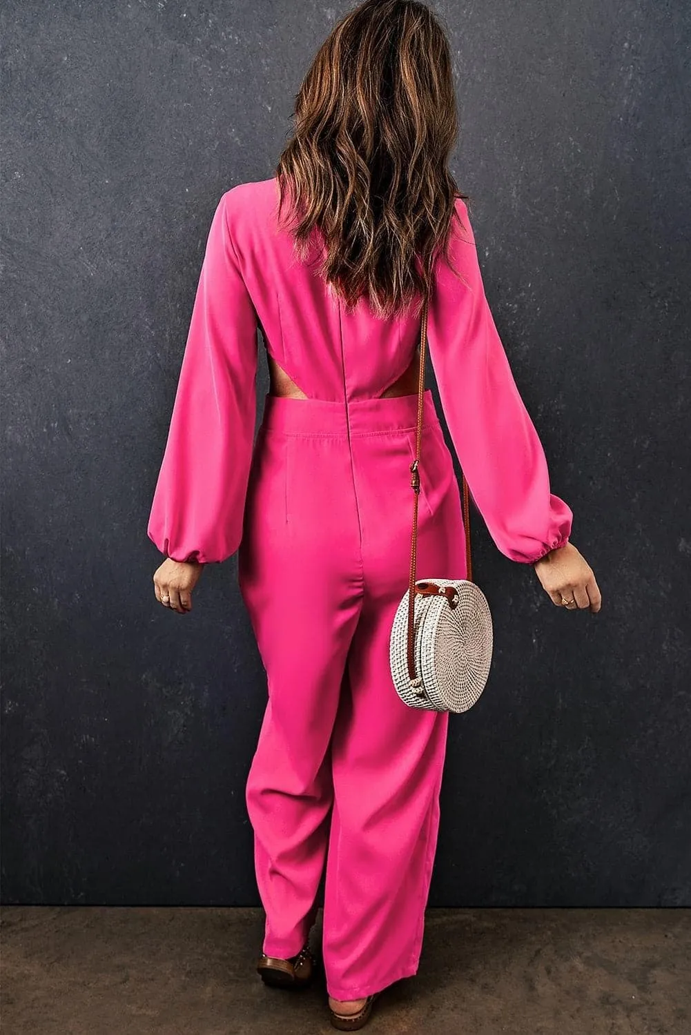 Balloon Sleeve Cutout Plunge Jumpsuit, Hot Pink