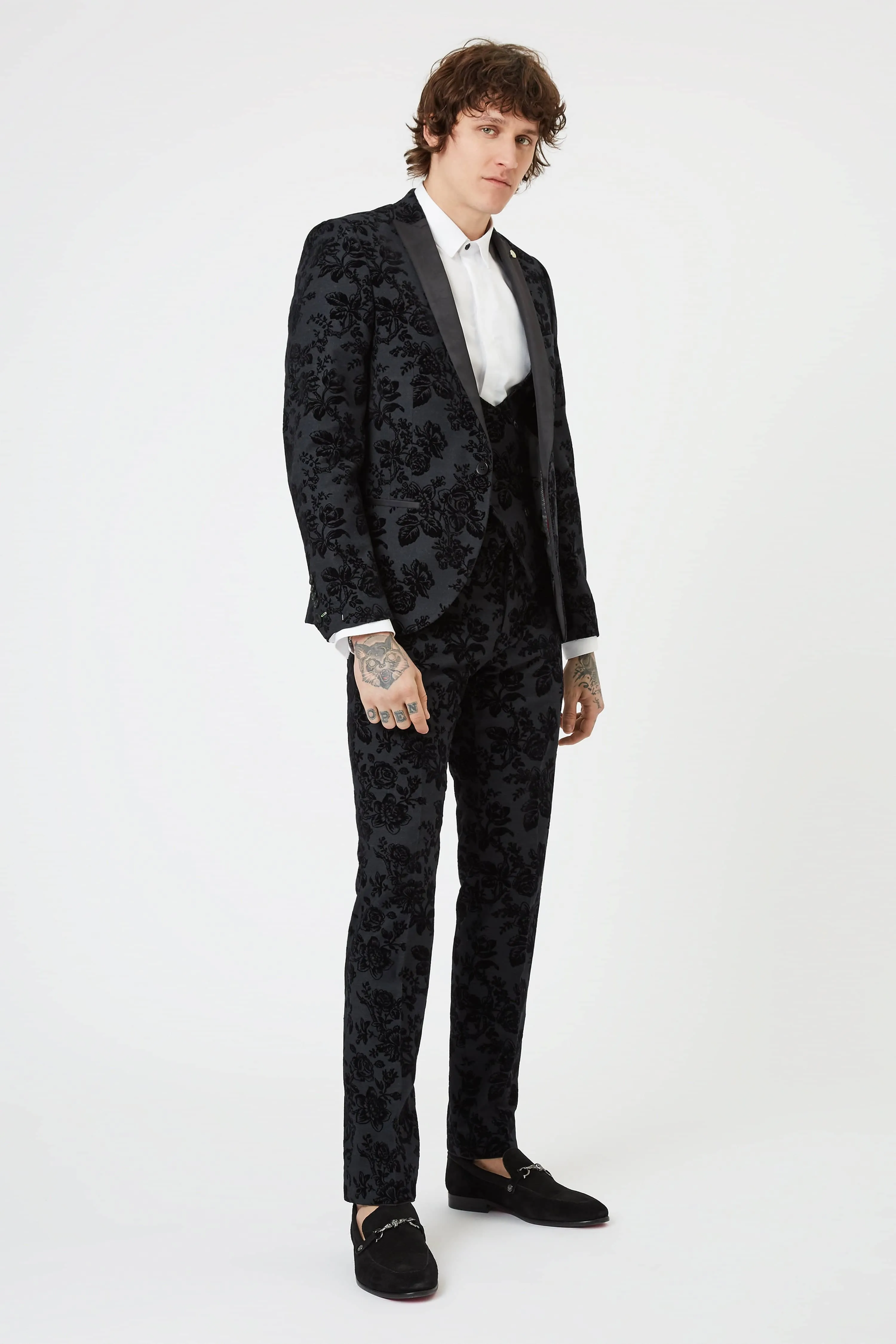 Belsize Skinny Fit Black Floral Tuxedo Trousers - ARCHIVE