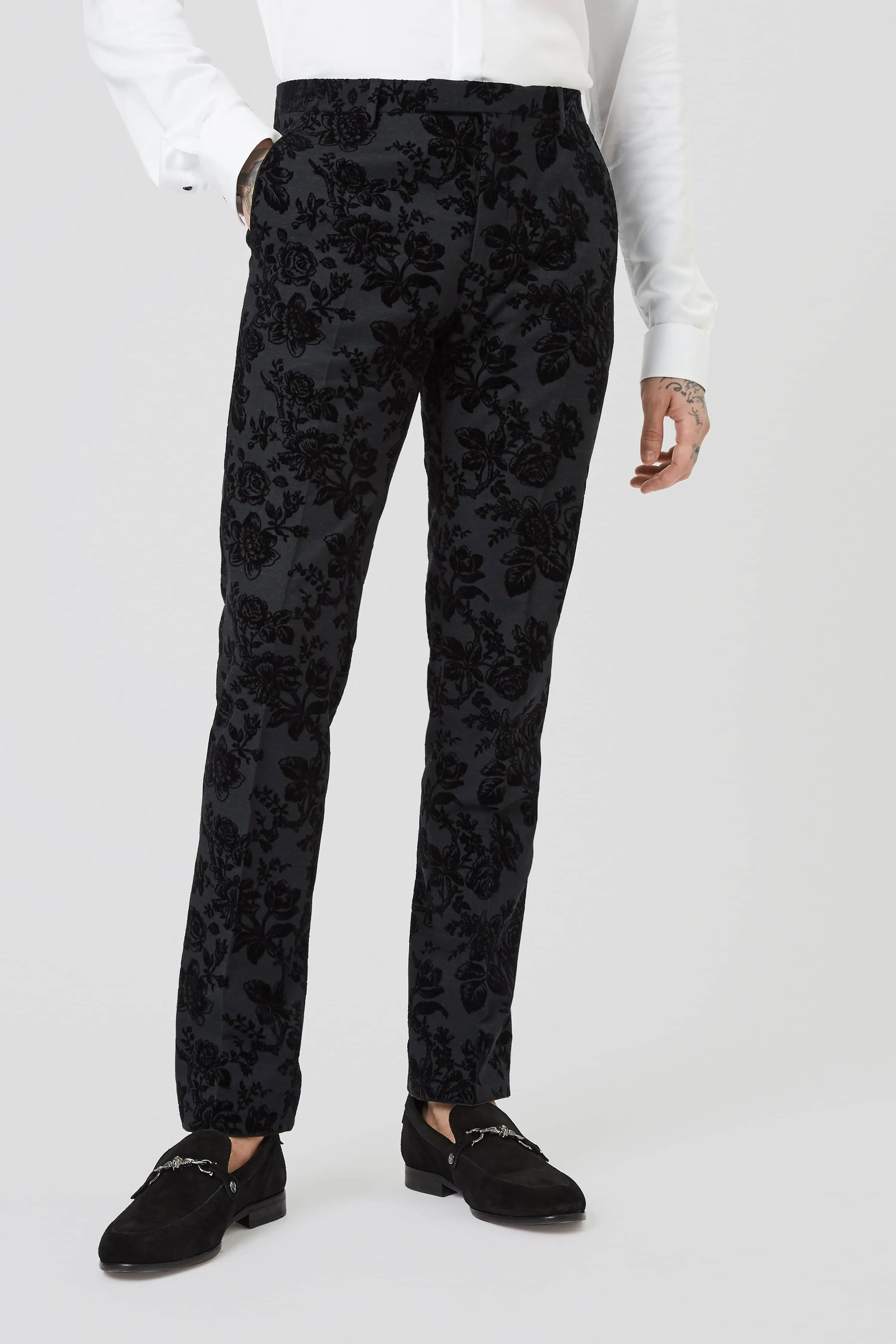 Belsize Skinny Fit Black Floral Tuxedo Trousers - ARCHIVE