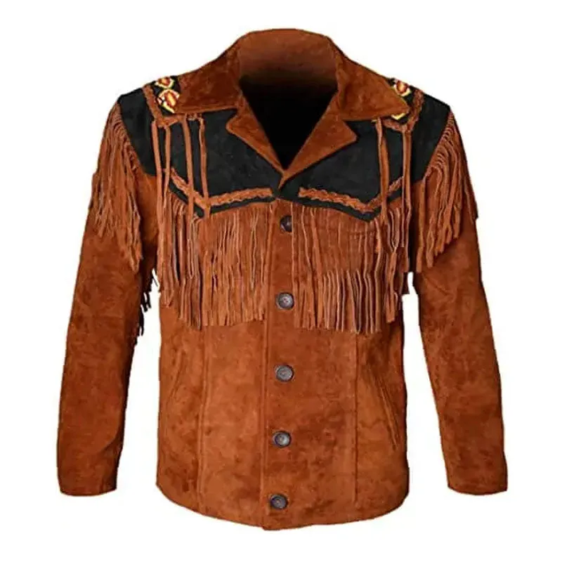 Best Biker Western Cowboy Fringed Suede Leather Brown Black Jacket