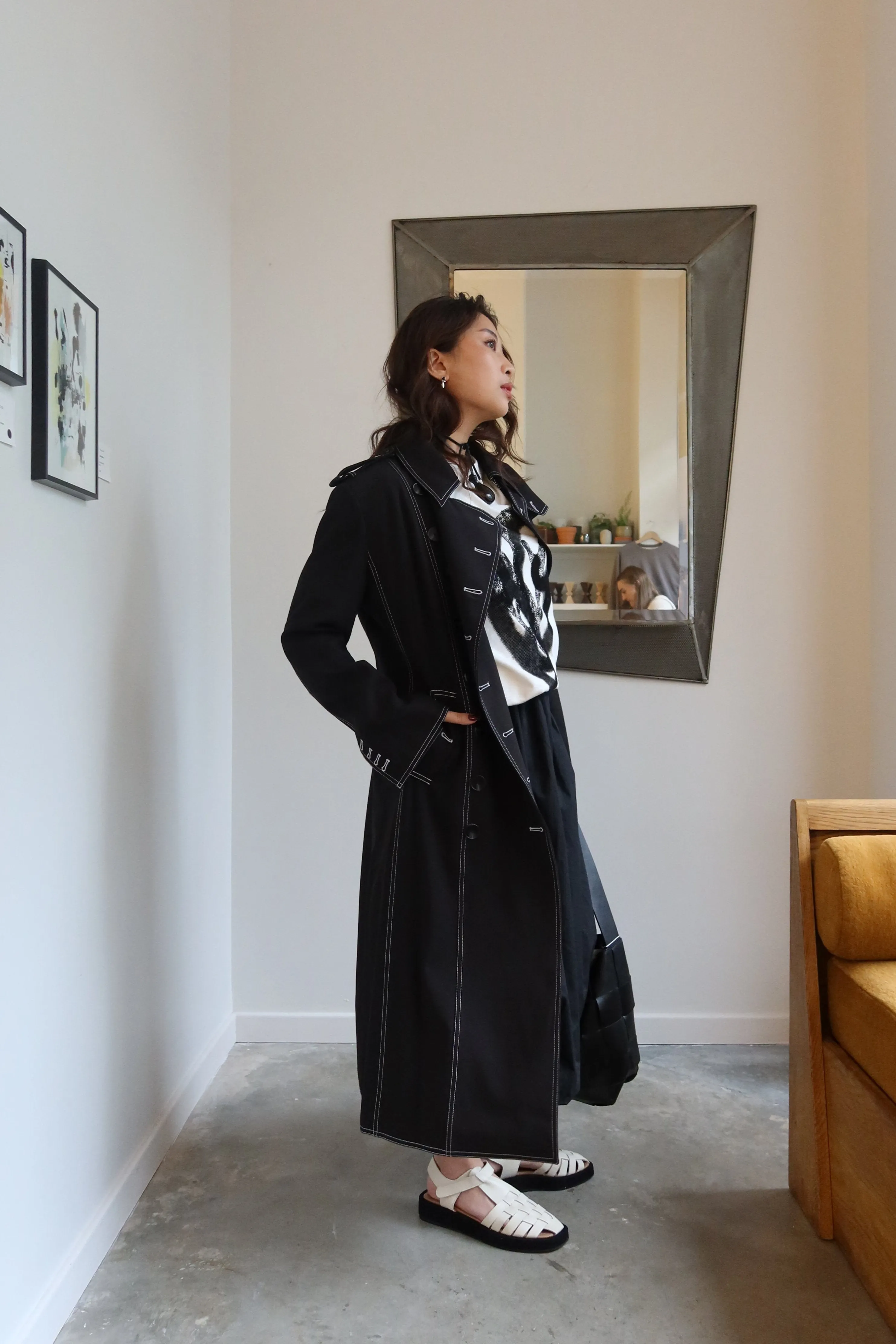 Black Contrast Stitch Tailored Trench Coat