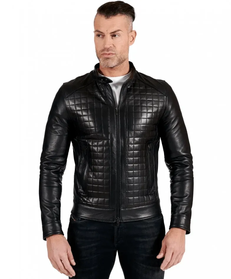 Black nappa lamb leather biker jacket checked quilted