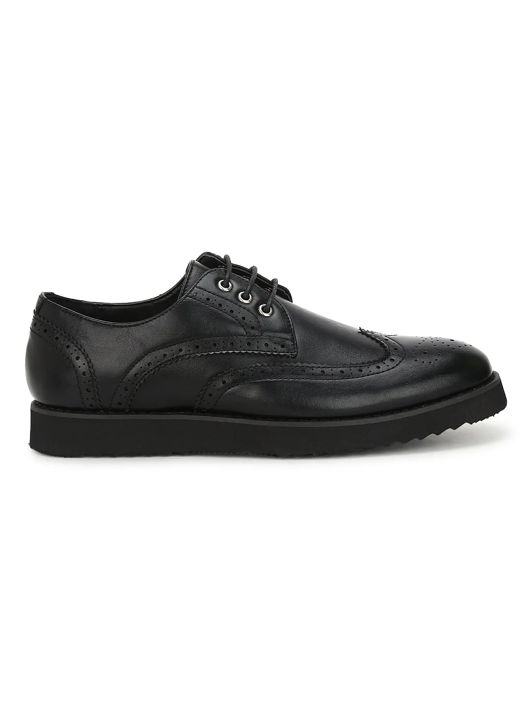 Black PU Longwing Blucher Men Lace-Up Shoes