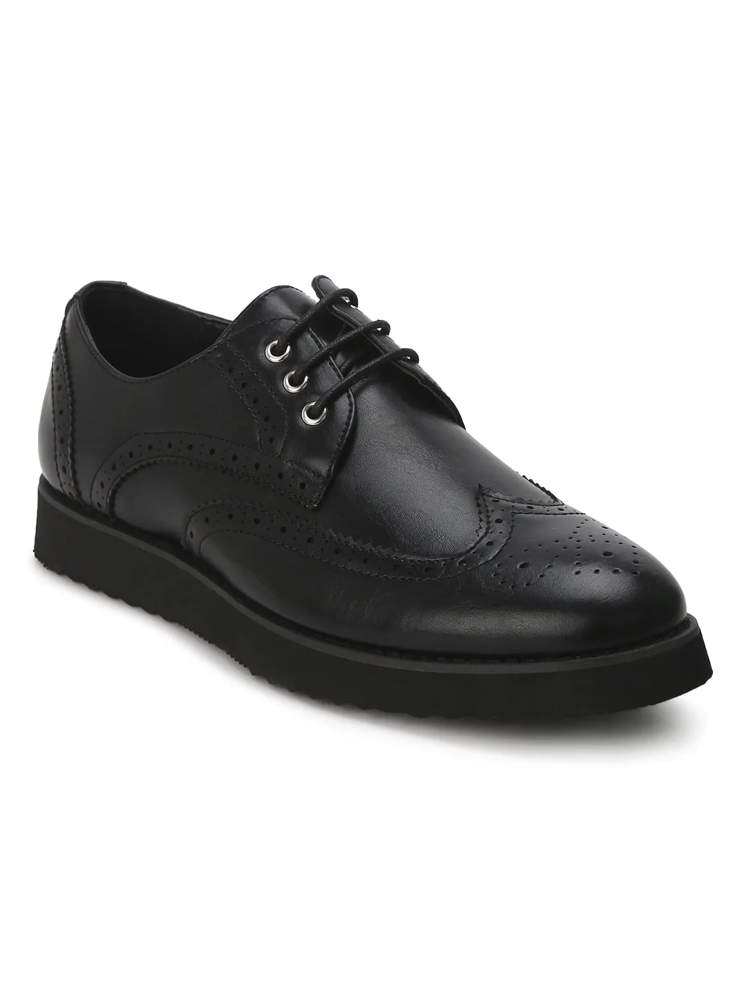 Black PU Longwing Blucher Men Lace-Up Shoes