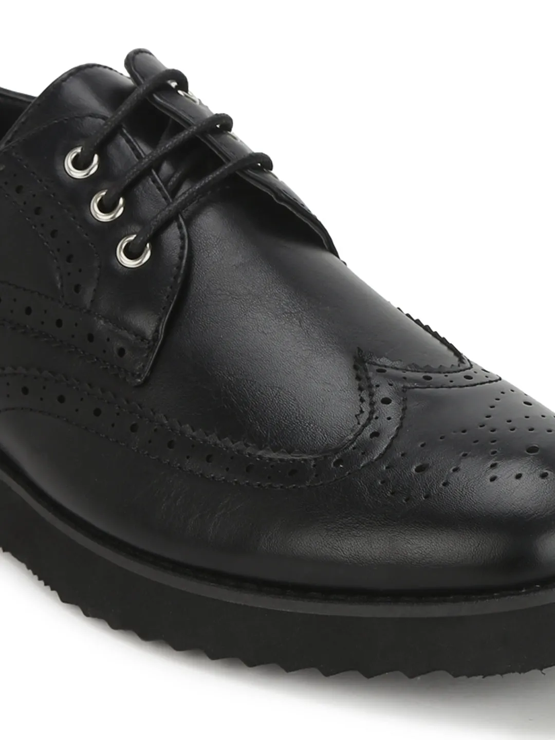 Black PU Longwing Blucher Men Lace-Up Shoes