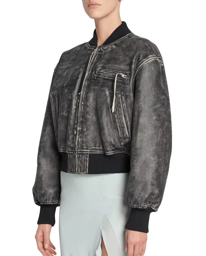 Black Vintage Bomber Leather Jacket for Women