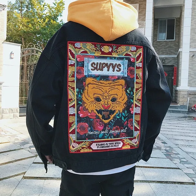 Black with Colourful Embroidery Streetwear Men Denim Jacket