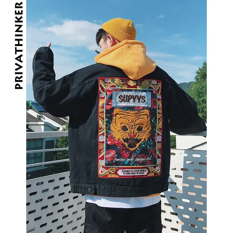 Black with Colourful Embroidery Streetwear Men Denim Jacket