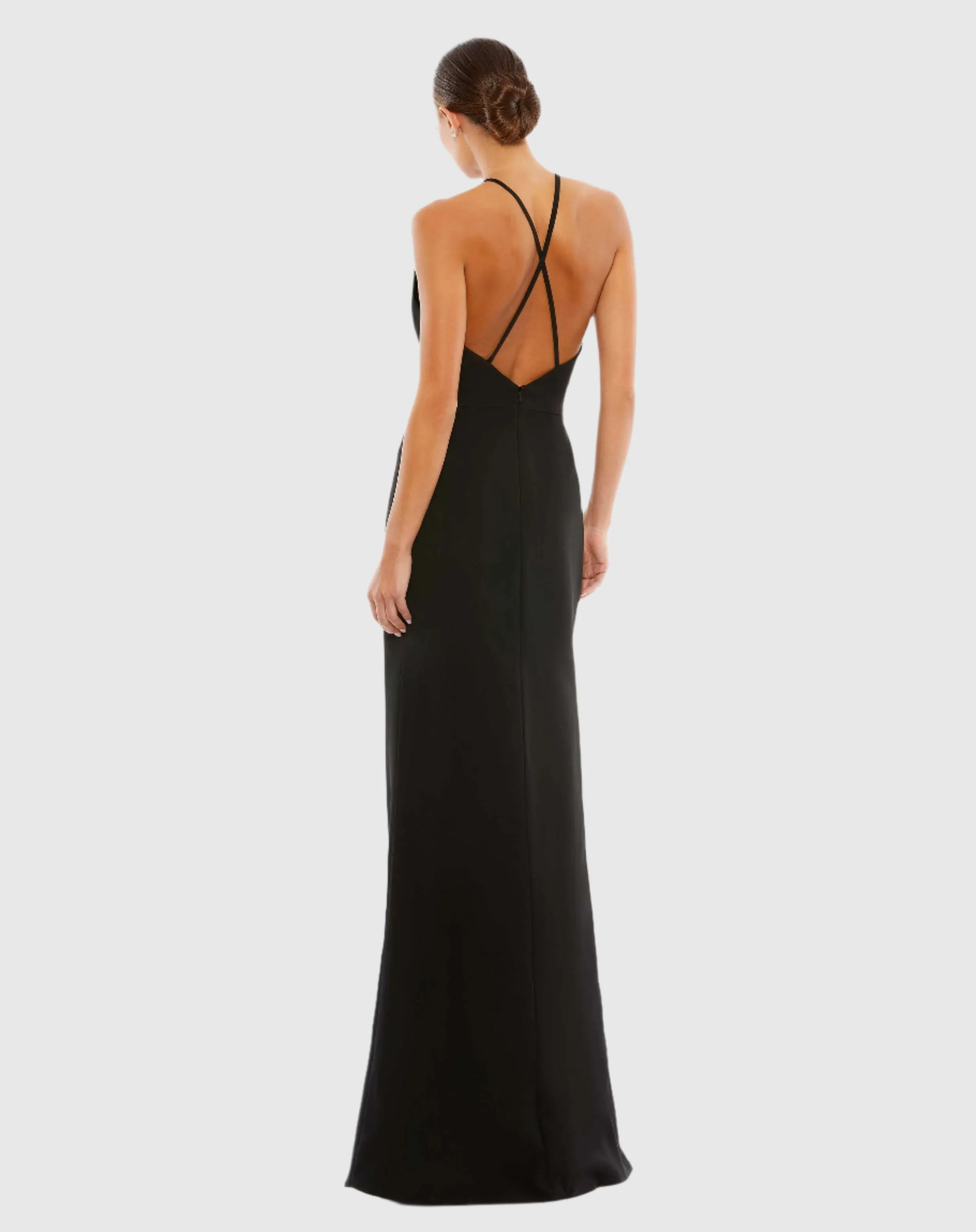 Bow Halter Criss-Cross Column Gown