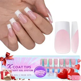 BTArtboxnails French Gel Nail Tips - French Tip Press on Nails Pink Long Square XCOATTIPS Pre-applied Tip Primer & Base Coat, No Need to File Fake Nails for Nail Art DIY