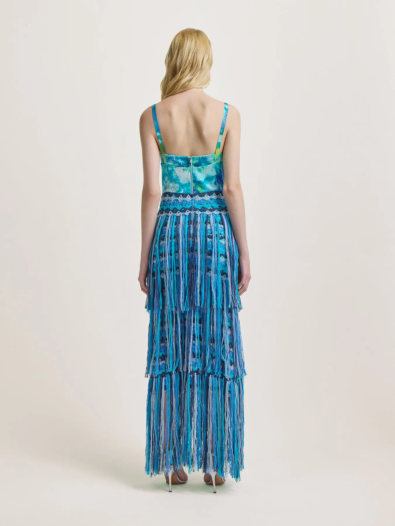 Bustier Dress with Crochet Fringe in Blue Ice Dye Print