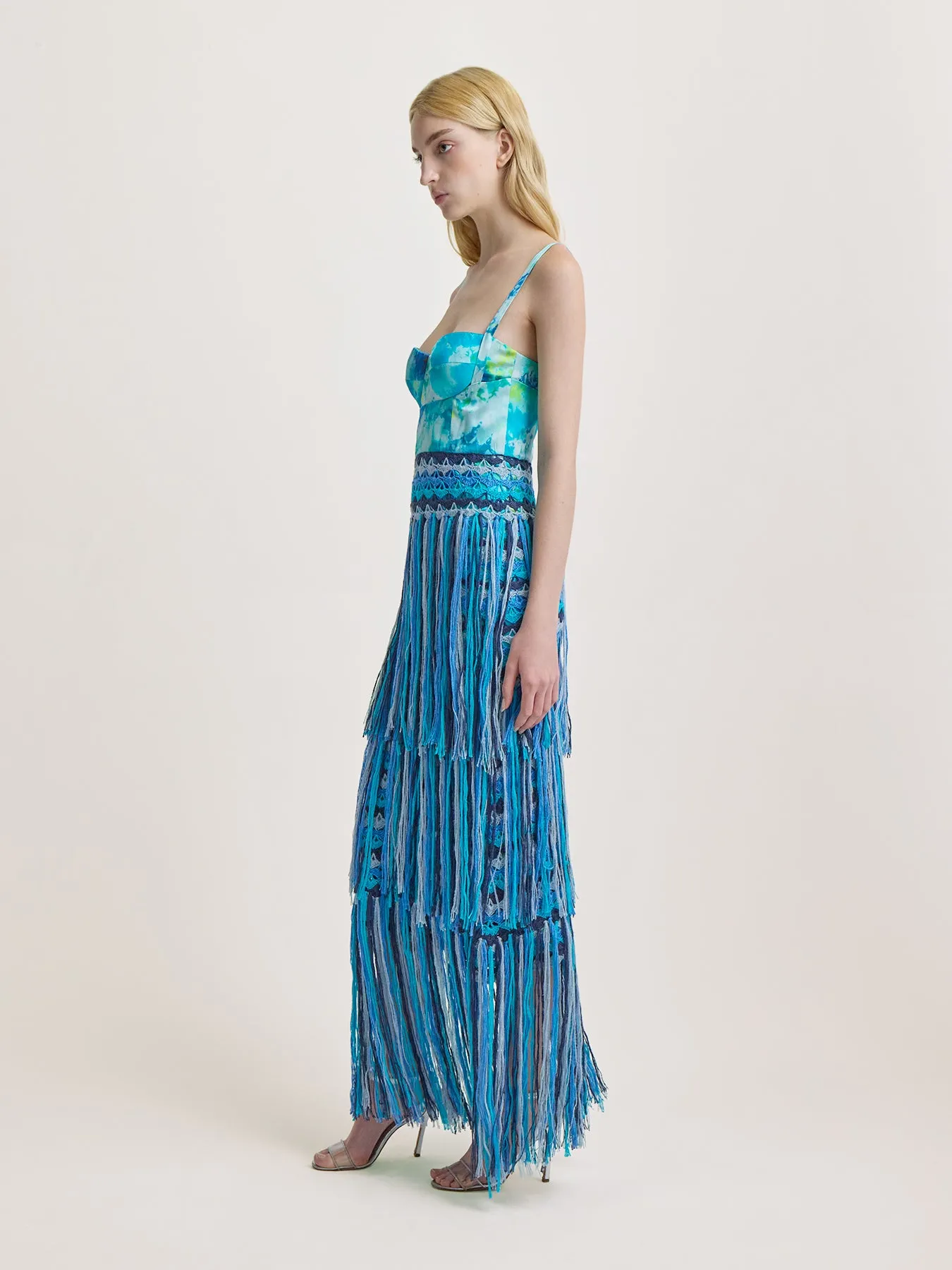 Bustier Dress with Crochet Fringe in Blue Ice Dye Print