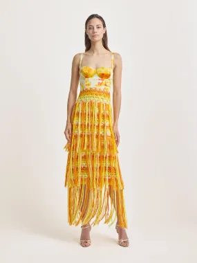 Bustier Dress with Crochet Fringe in Yellow Ice Dye Print