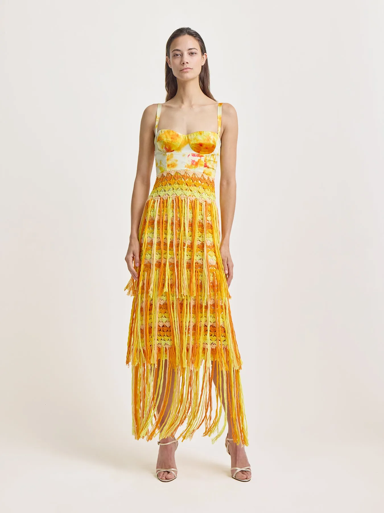 Bustier Dress with Crochet Fringe in Yellow Ice Dye Print