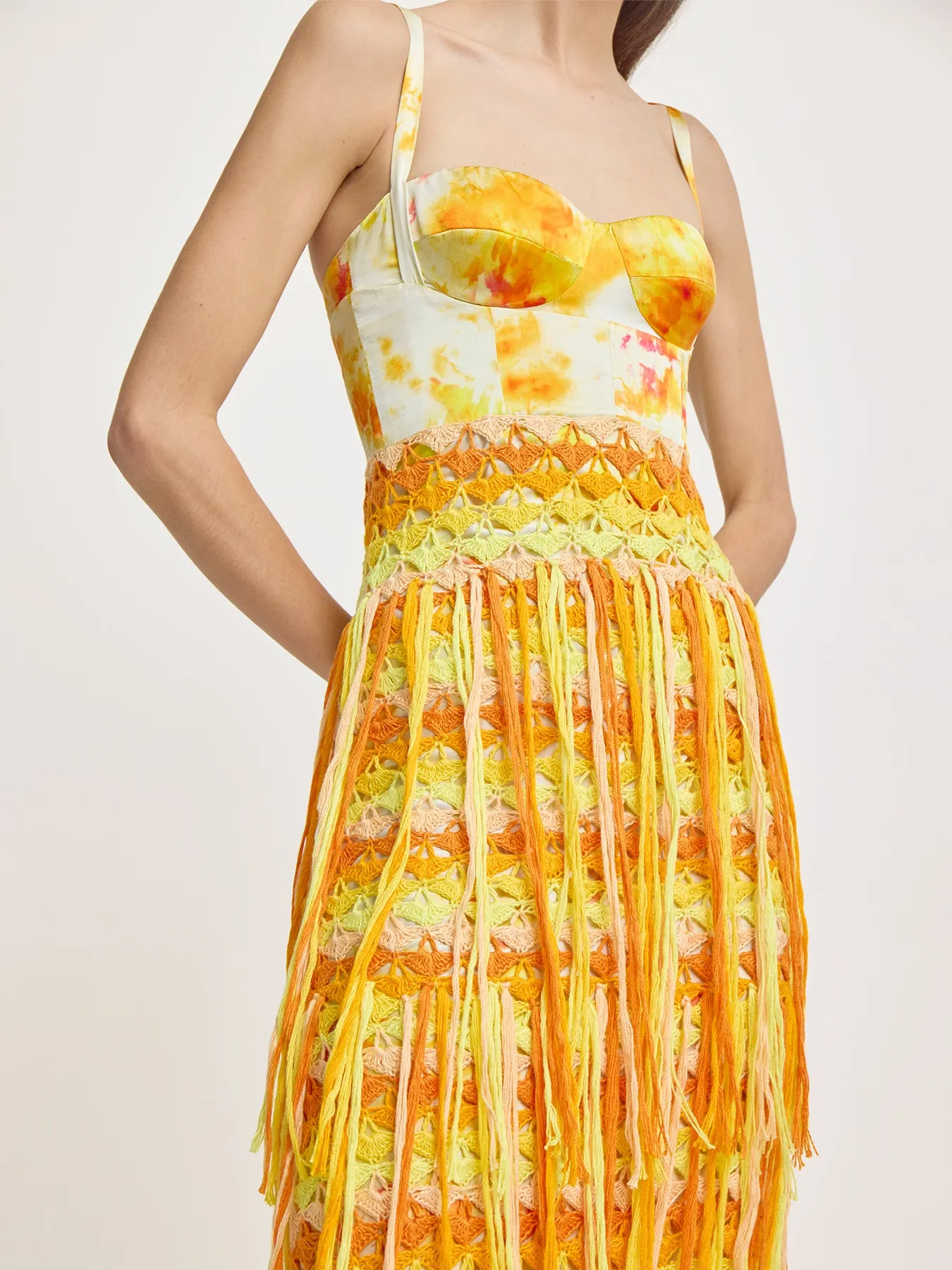 Bustier Dress with Crochet Fringe in Yellow Ice Dye Print