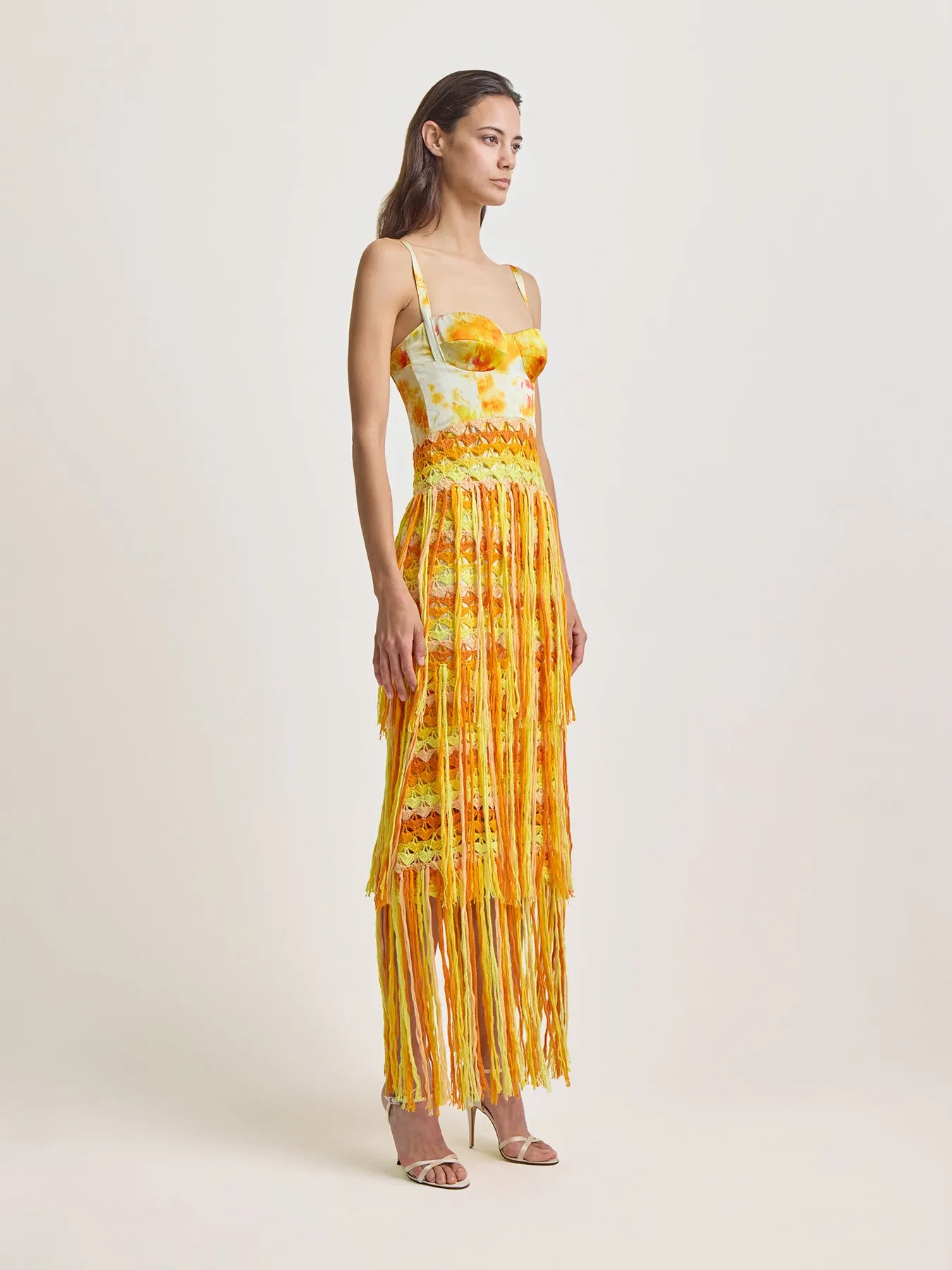 Bustier Dress with Crochet Fringe in Yellow Ice Dye Print