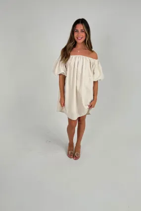 Caitlyn Puff Sleeve Bardot Dress In Neutral