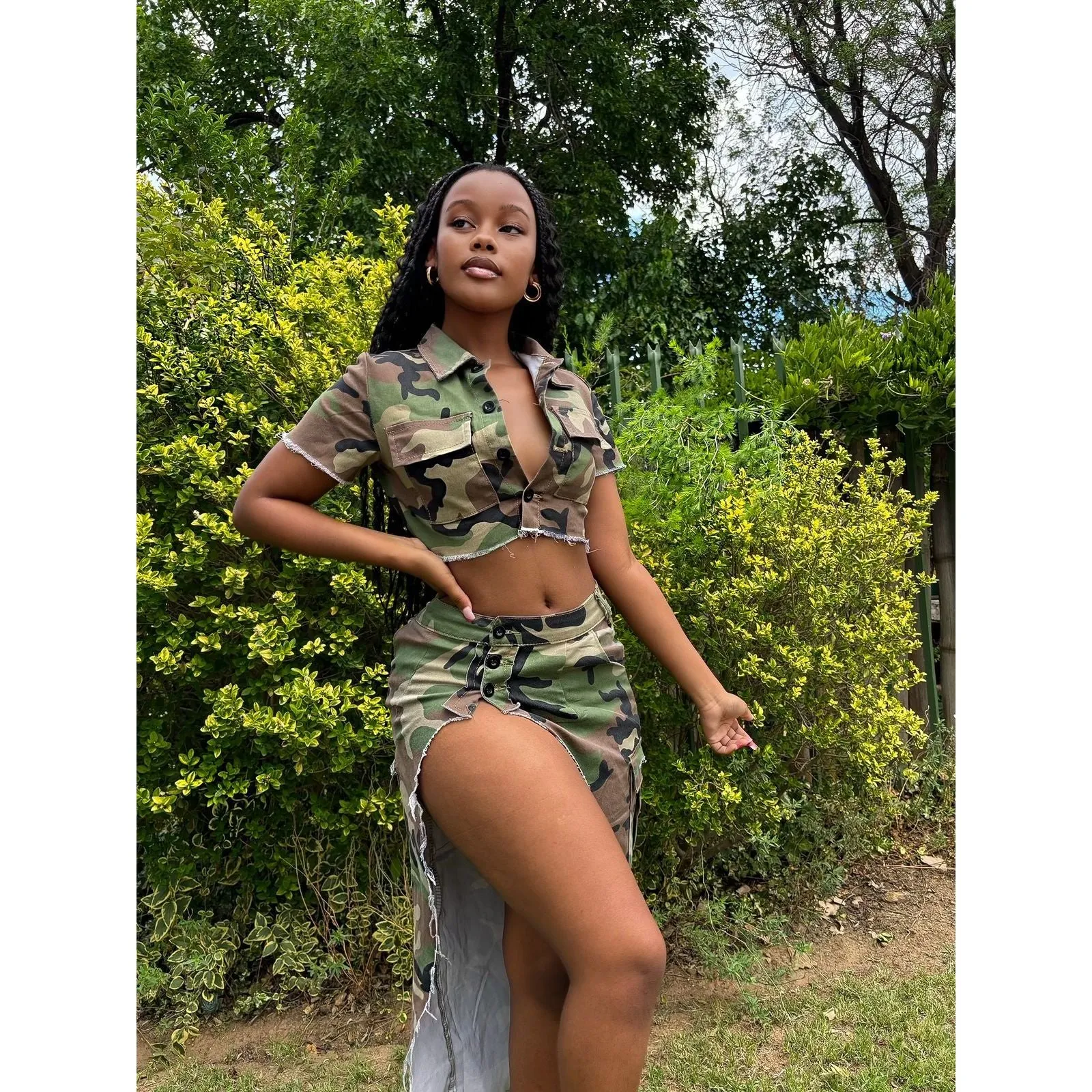 Camouflage Slit skirt and top set