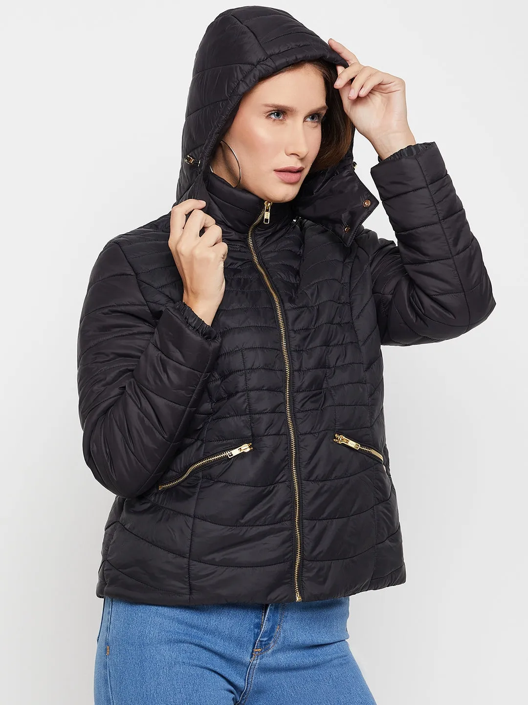 Cantabil Black Full Sleeves Detachable Hooded Neck Puffer Casual Jacket For Women