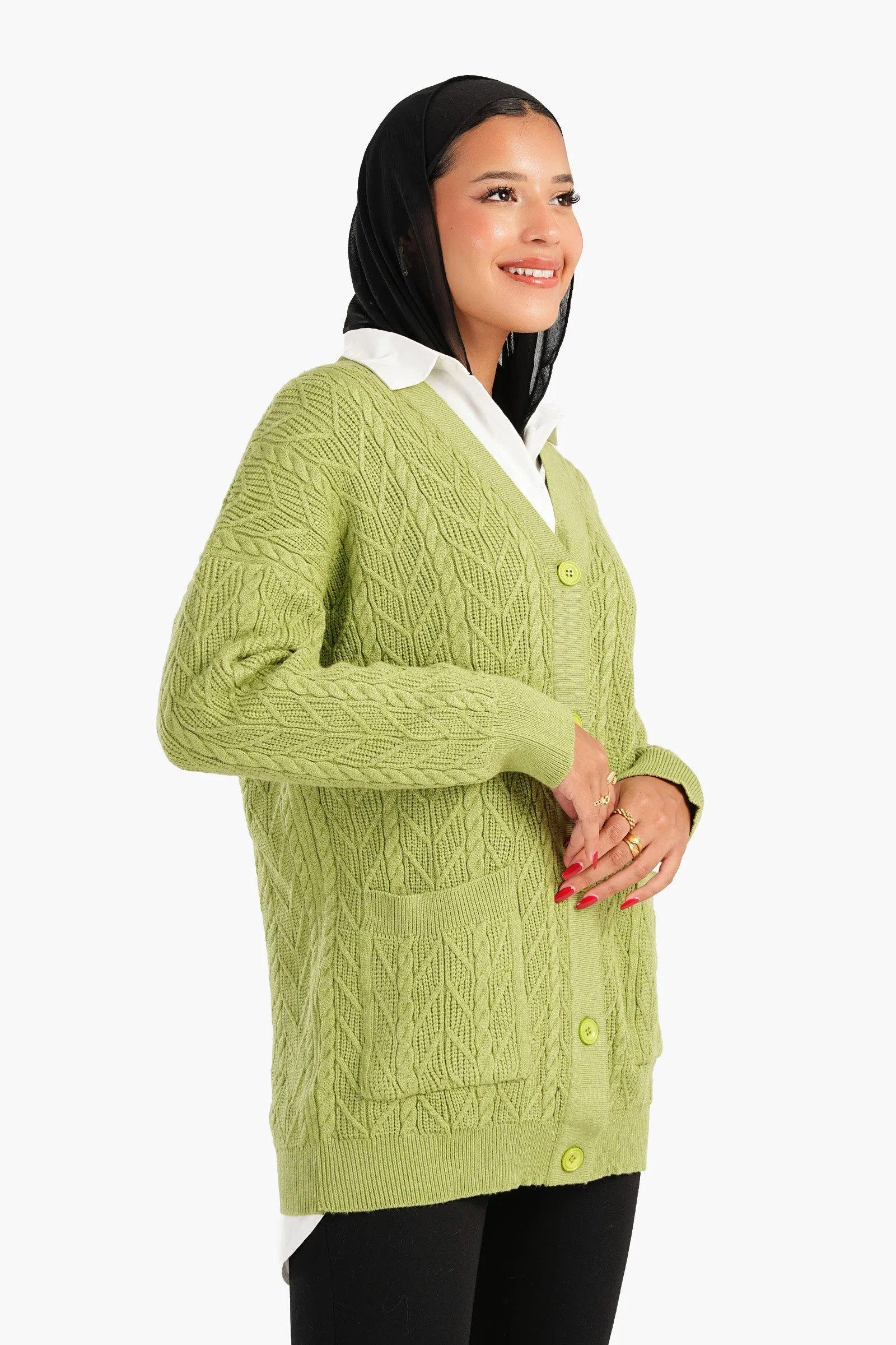 Cardigan with Ribbed Elastic Hem