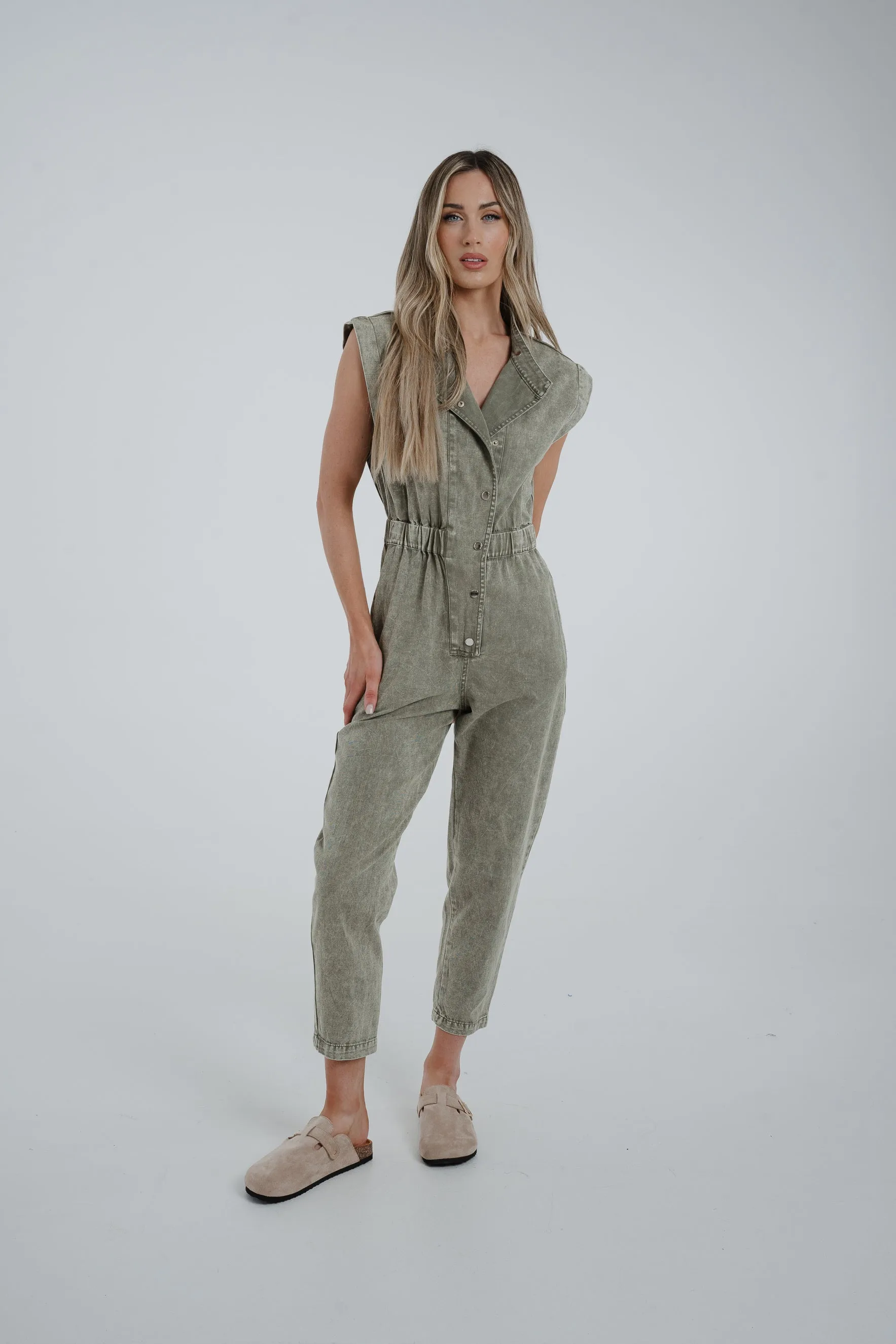 Cora Sleeveless Denim Jumpsuit In Khaki