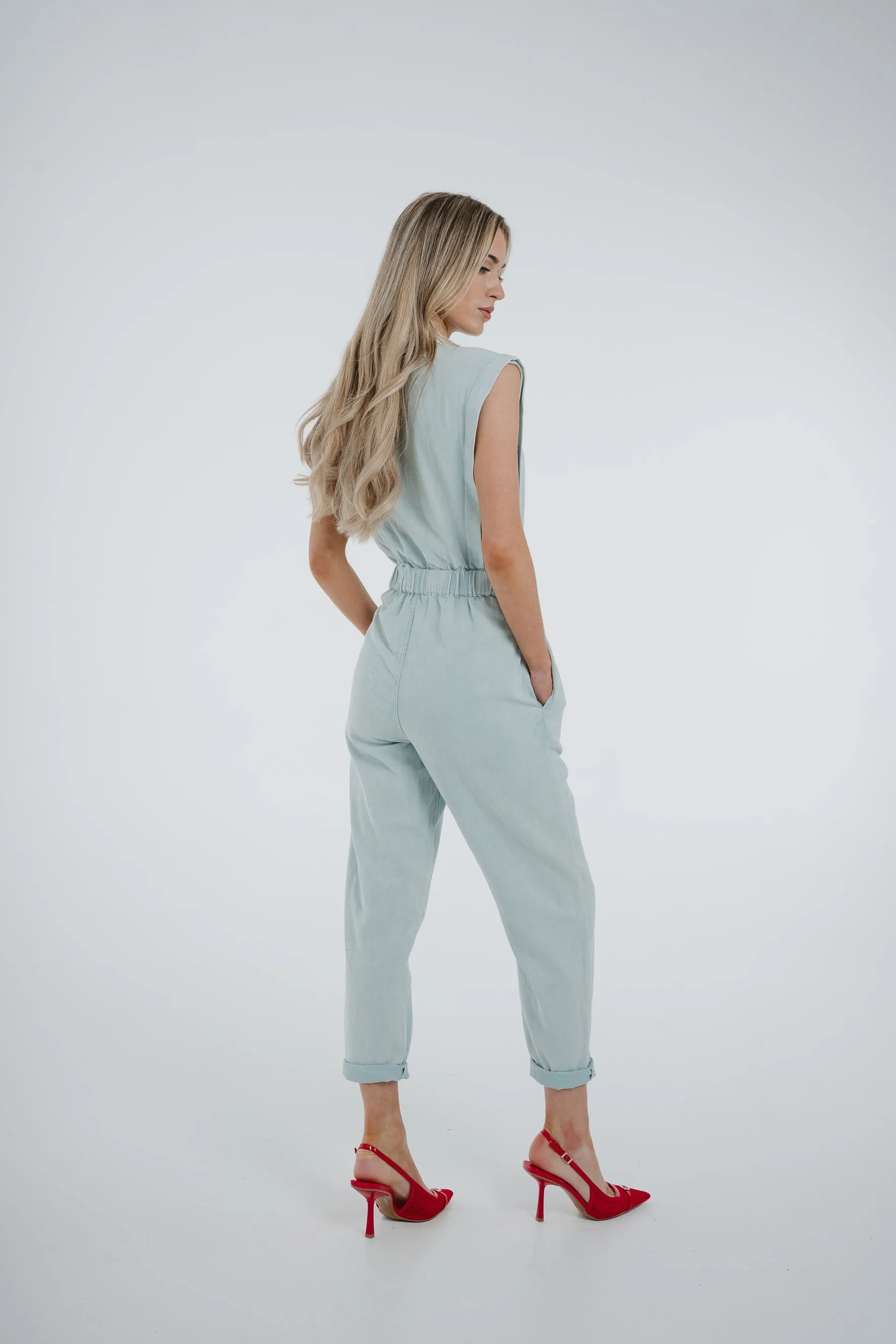 Cora Sleeveless Denim Jumpsuit In Sky Blue