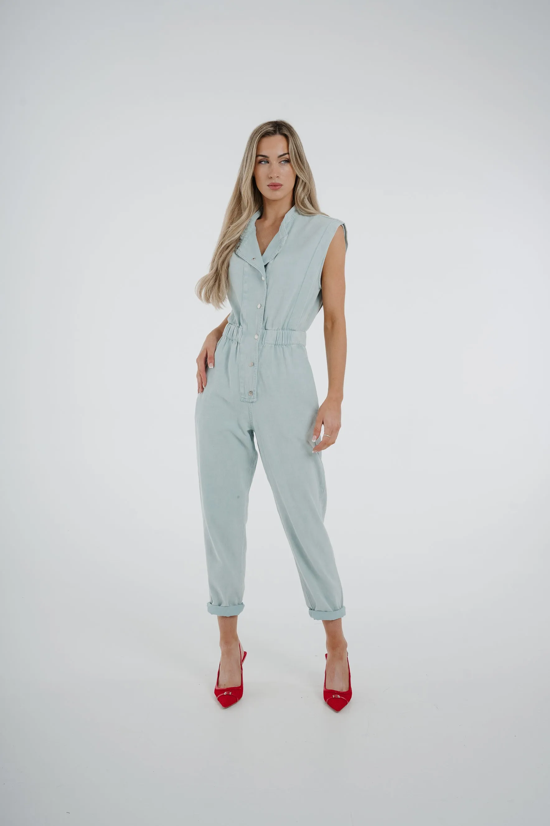 Cora Sleeveless Denim Jumpsuit In Sky Blue