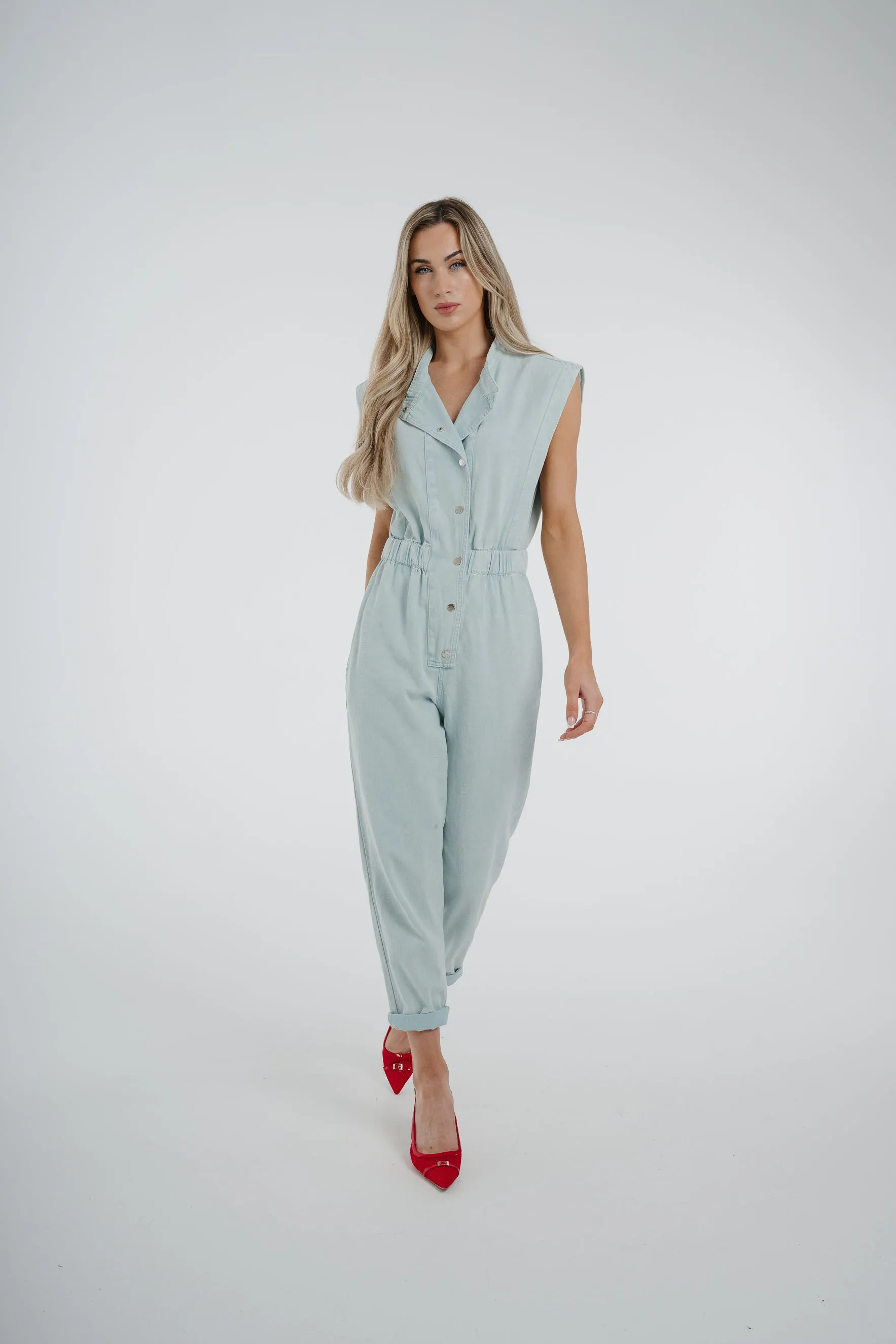 Cora Sleeveless Denim Jumpsuit In Sky Blue