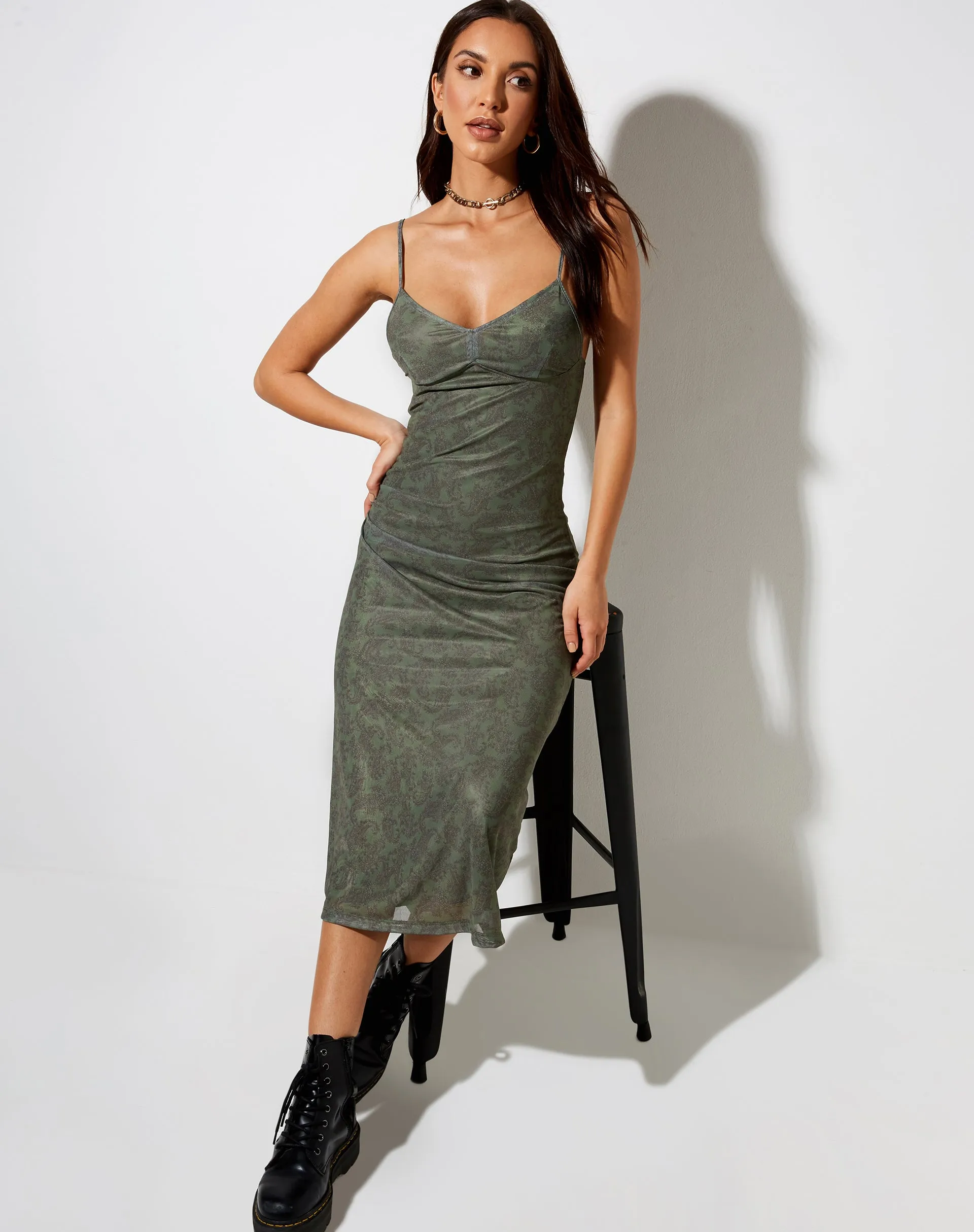 Cotina Midi Dress in Mono Paisley Green