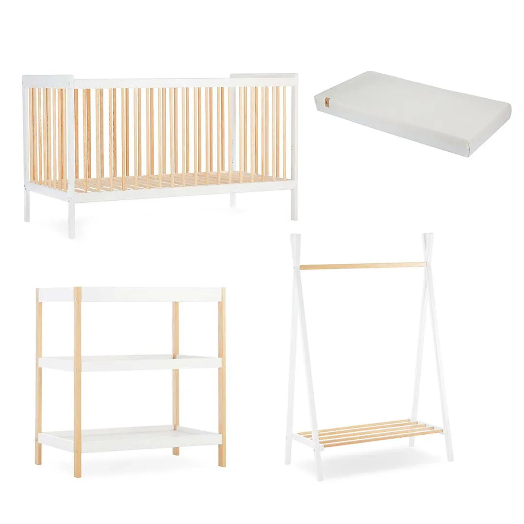 CuddleCo Nola 3 Piece Set Changer, Cot Bed   Clothes Rail - White/Natural