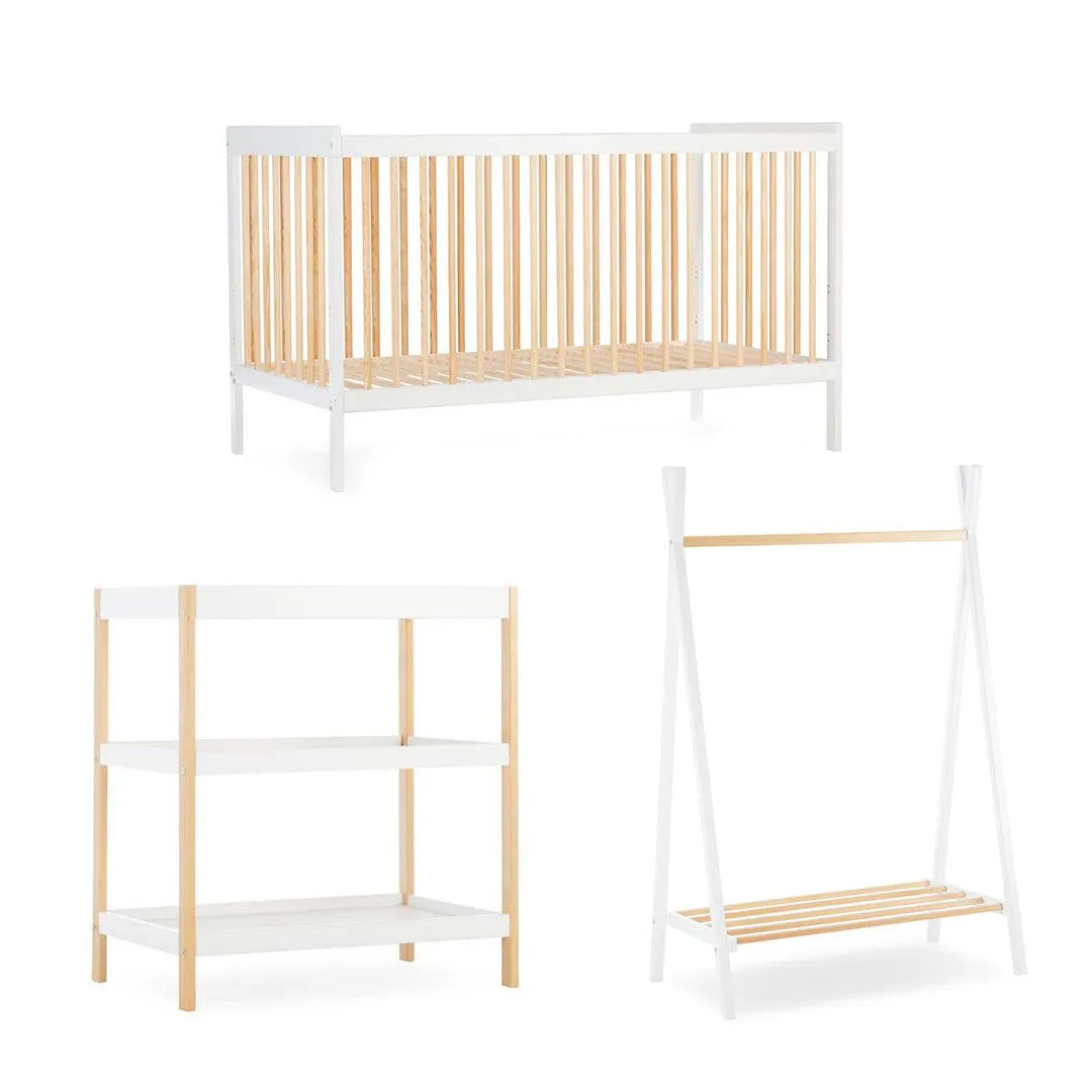 CuddleCo Nola 3 Piece Set Changer, Cot Bed   Clothes Rail - White/Natural