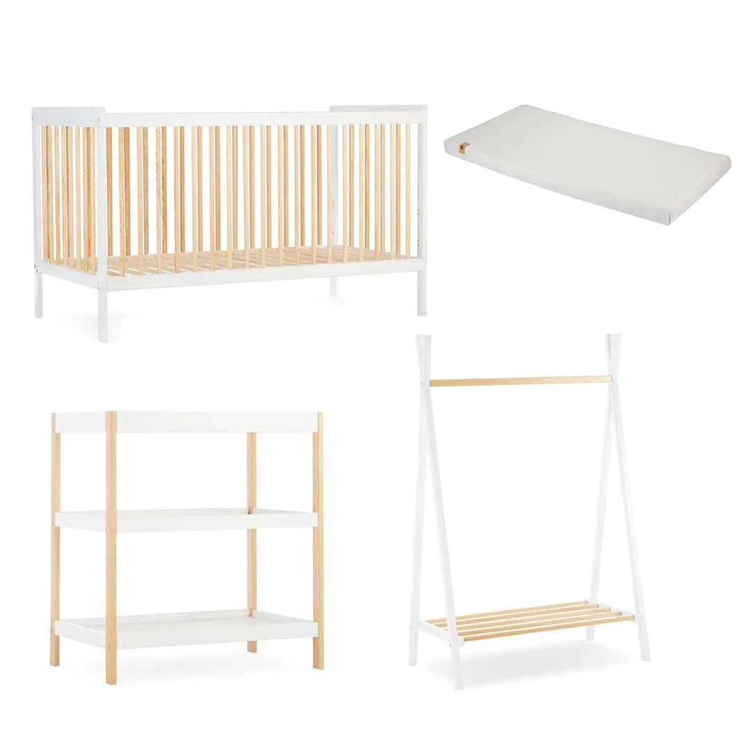 CuddleCo Nola 3 Piece Set Changer, Cot Bed   Clothes Rail - White/Natural