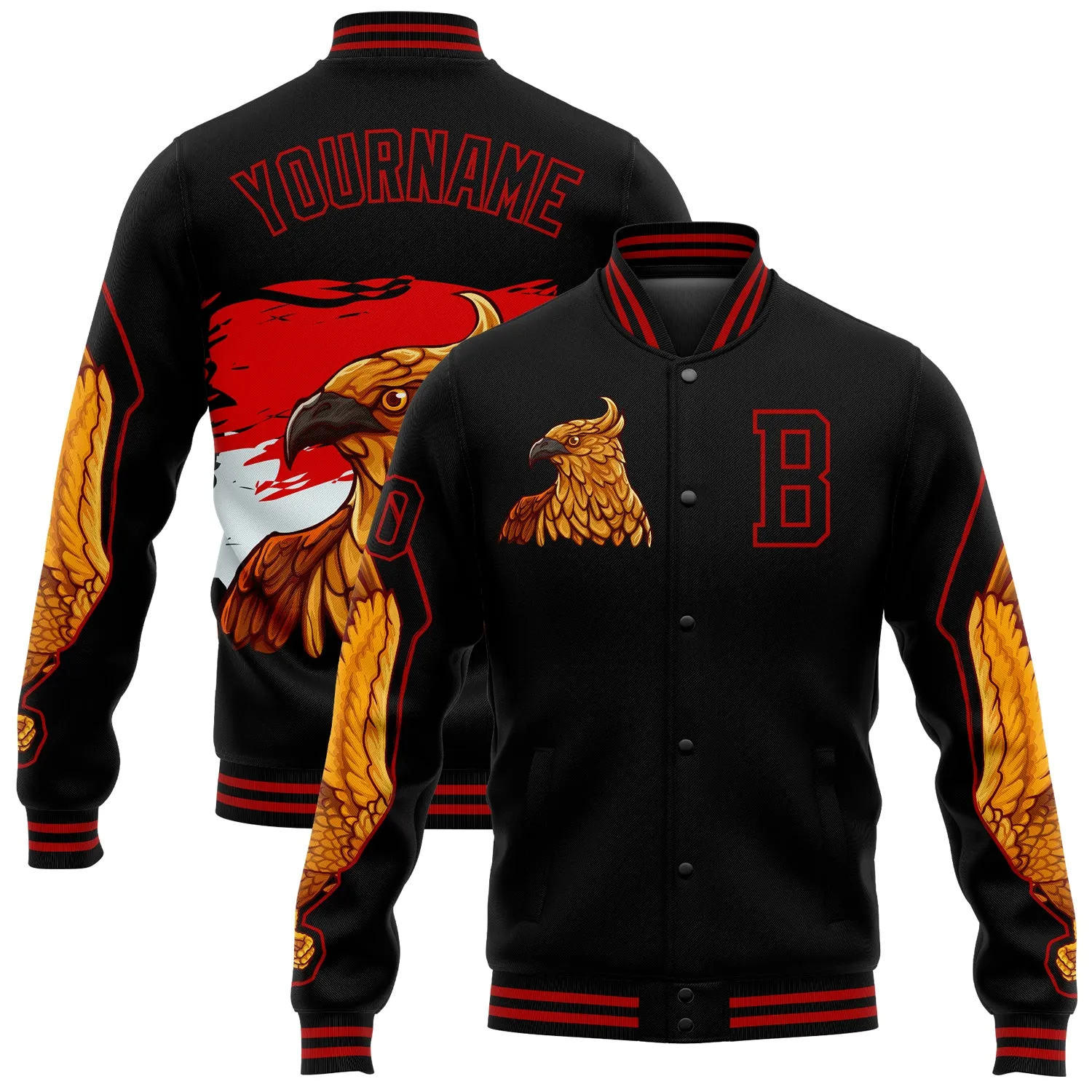 Custom Black Red Bangkok Rooster 3D Pattern Design Bomber Full-Snap Varsity Letterman Jacket