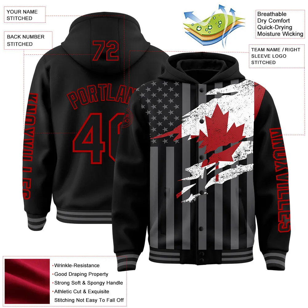 Custom Black Red-Gray Canada Canadian Flag 3D Bomber Full-Snap Varsity Letterman Hoodie Jacket