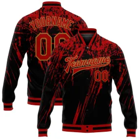 Custom Black Red-Old Gold 3D Pattern Design Bomber Full-Snap Varsity Letterman Jacket